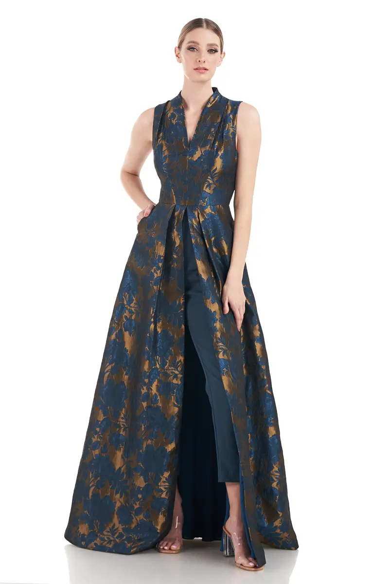 Emery Two-Tone Jacquard Jumpsuit with Swan Neckline