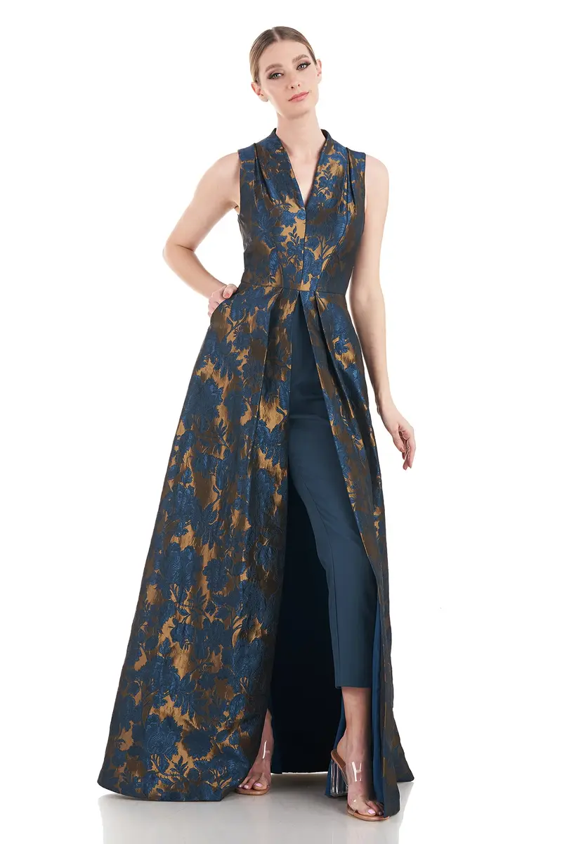 Emery Two-Tone Jacquard Jumpsuit with Swan Neckline