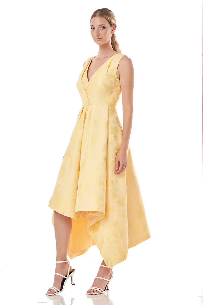 Fiona Asymmetrical Marigold Damask Jacquard Dress
