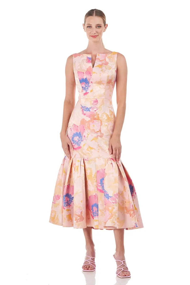 Fiora Abstract Floral Jacquard Tea-Length Dress with Pleated Flounce