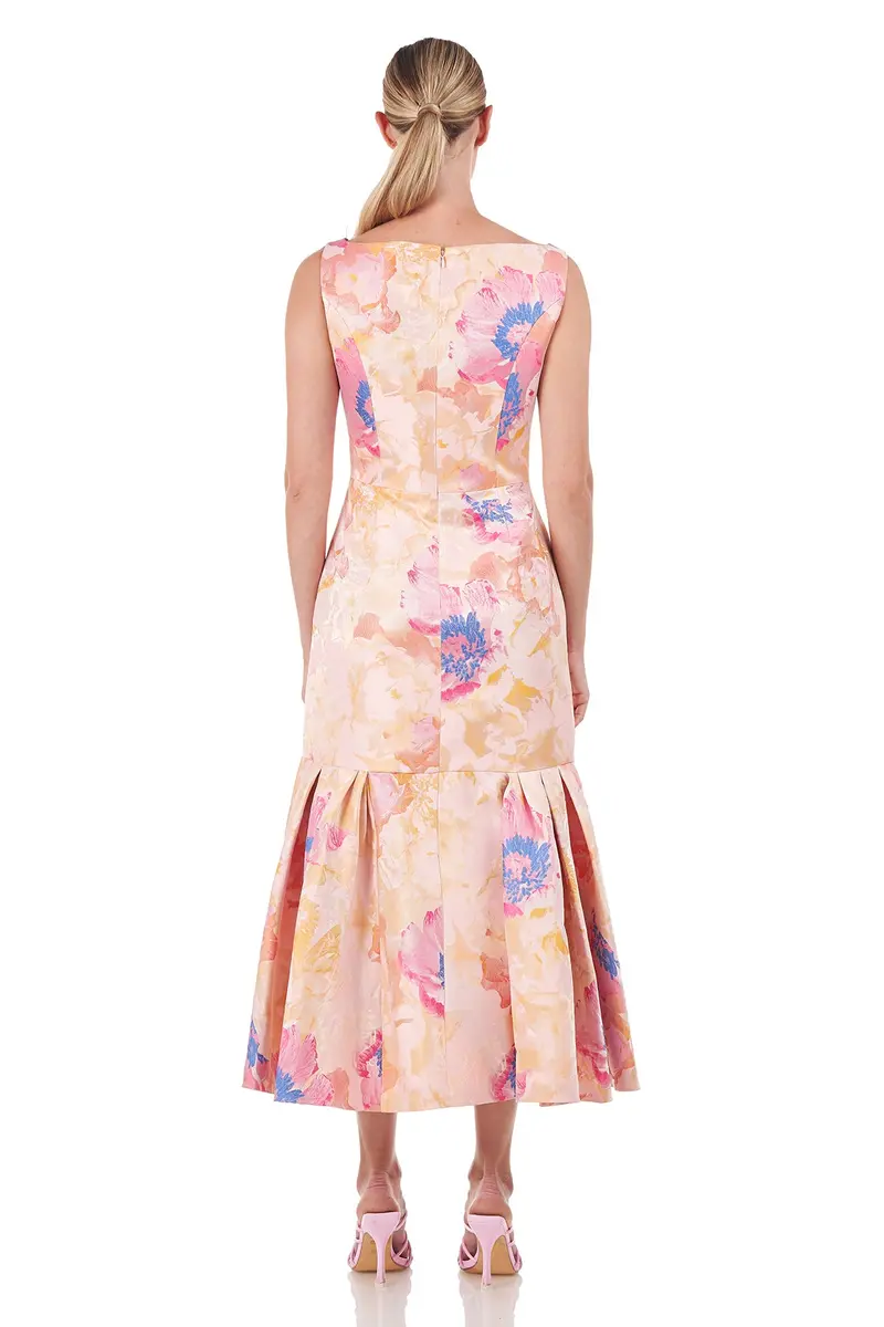 Fiora Abstract Floral Jacquard Tea-Length Dress with Pleated Flounce 2