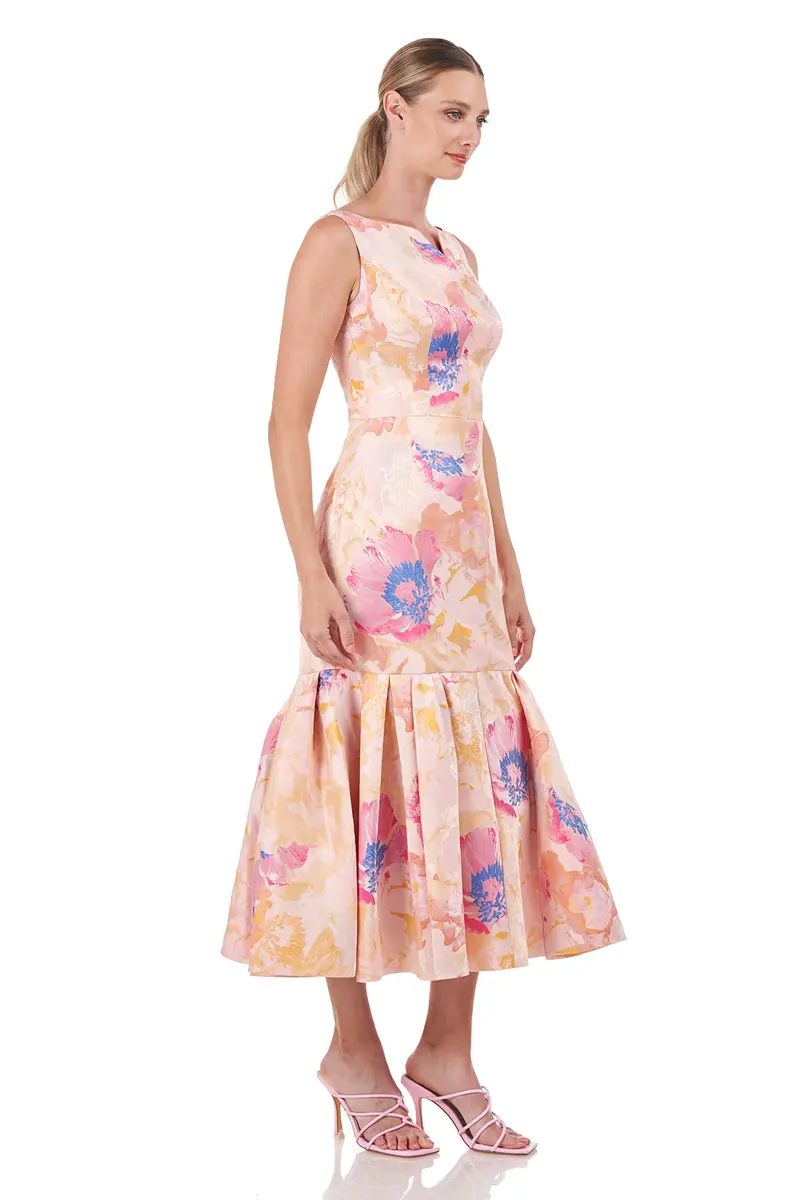 Fiora Abstract Floral Jacquard Tea-Length Dress with Pleated Flounce