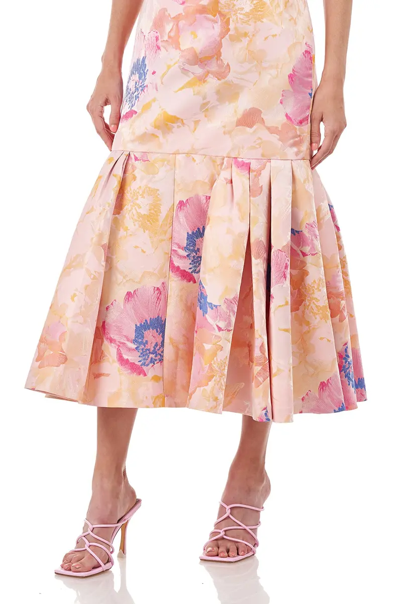 Fiora Abstract Floral Jacquard Tea-Length Dress with Pleated Flounce