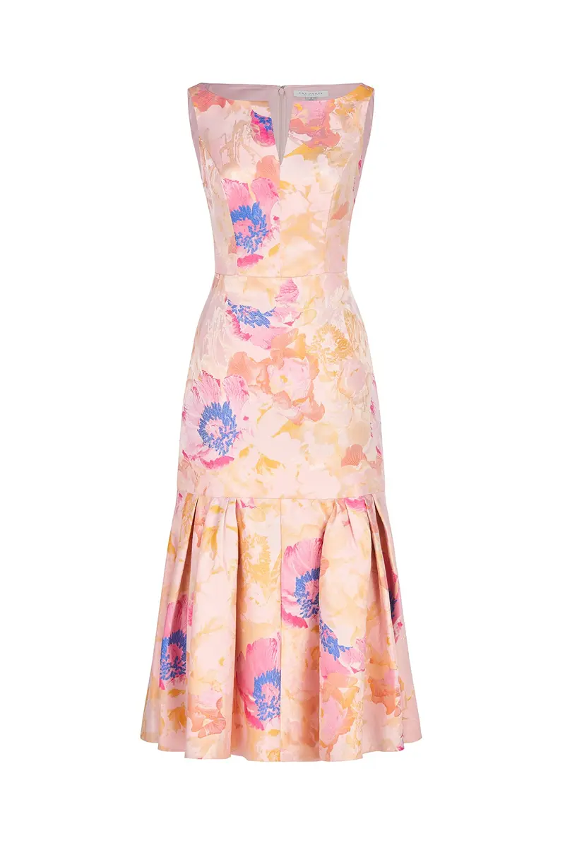 Fiora Abstract Floral Jacquard Tea-Length Dress with Pleated Flounce