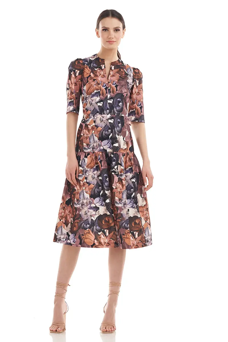 Floral Chiffon Midi Dress with Elbow Sleeves