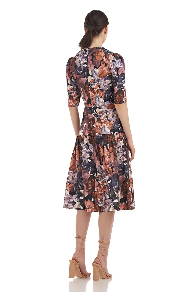 Floral Chiffon Midi Dress with Elbow Sleeves