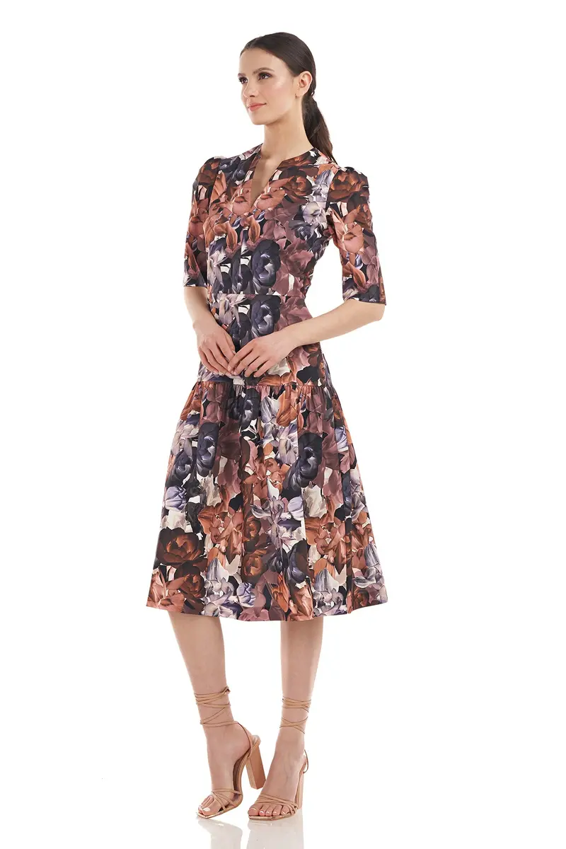 Floral Chiffon Midi Dress with Elbow Sleeves