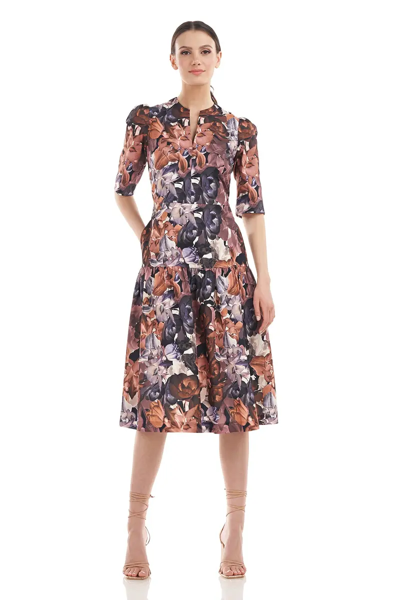 Floral Chiffon Midi Dress with Elbow Sleeves