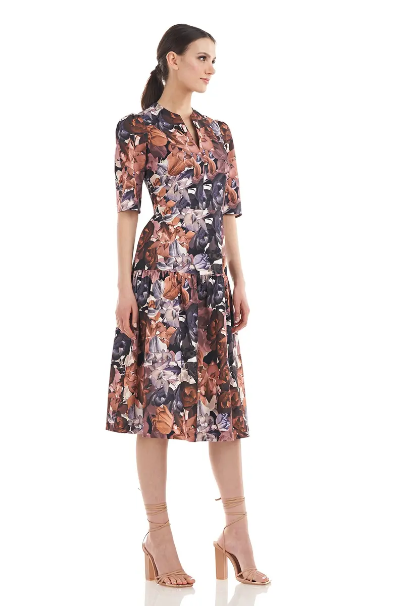 Floral Chiffon Midi Dress with Elbow Sleeves