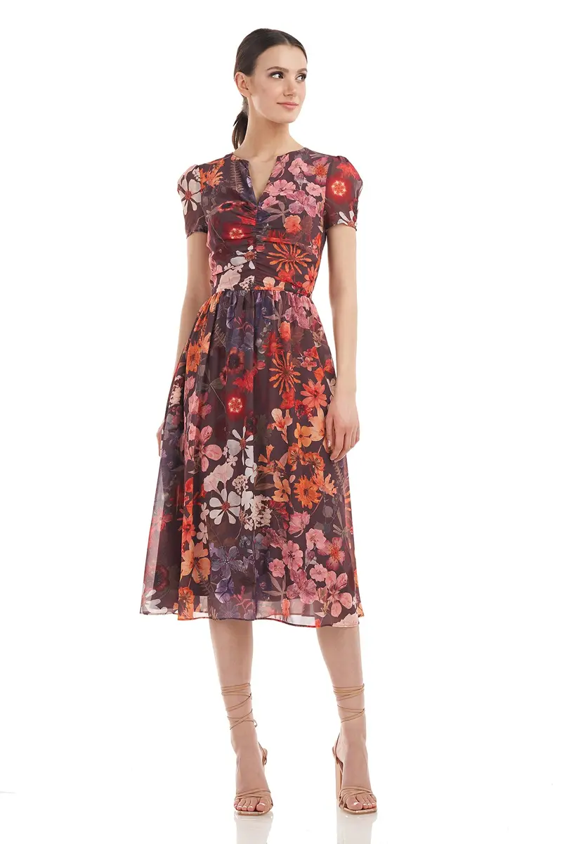 Floral Chiffon Midi Dress with Puff Sleeves