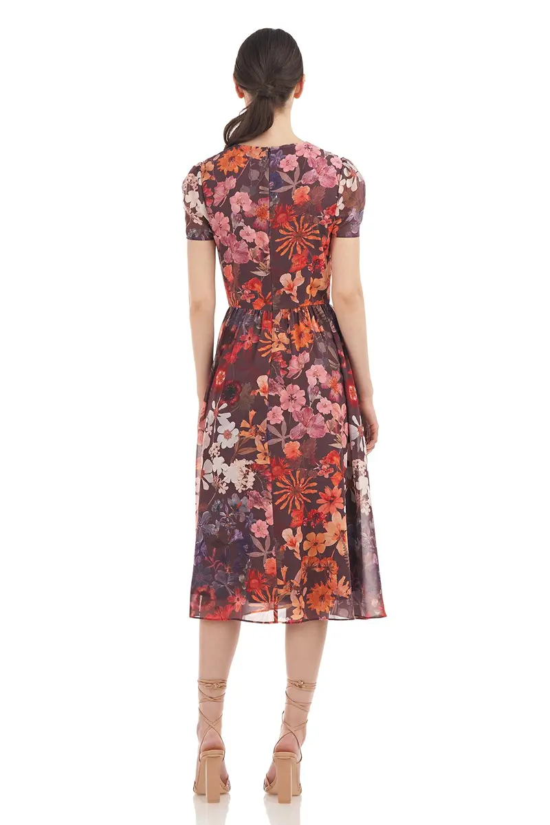 Floral Chiffon Midi Dress with Puff Sleeves