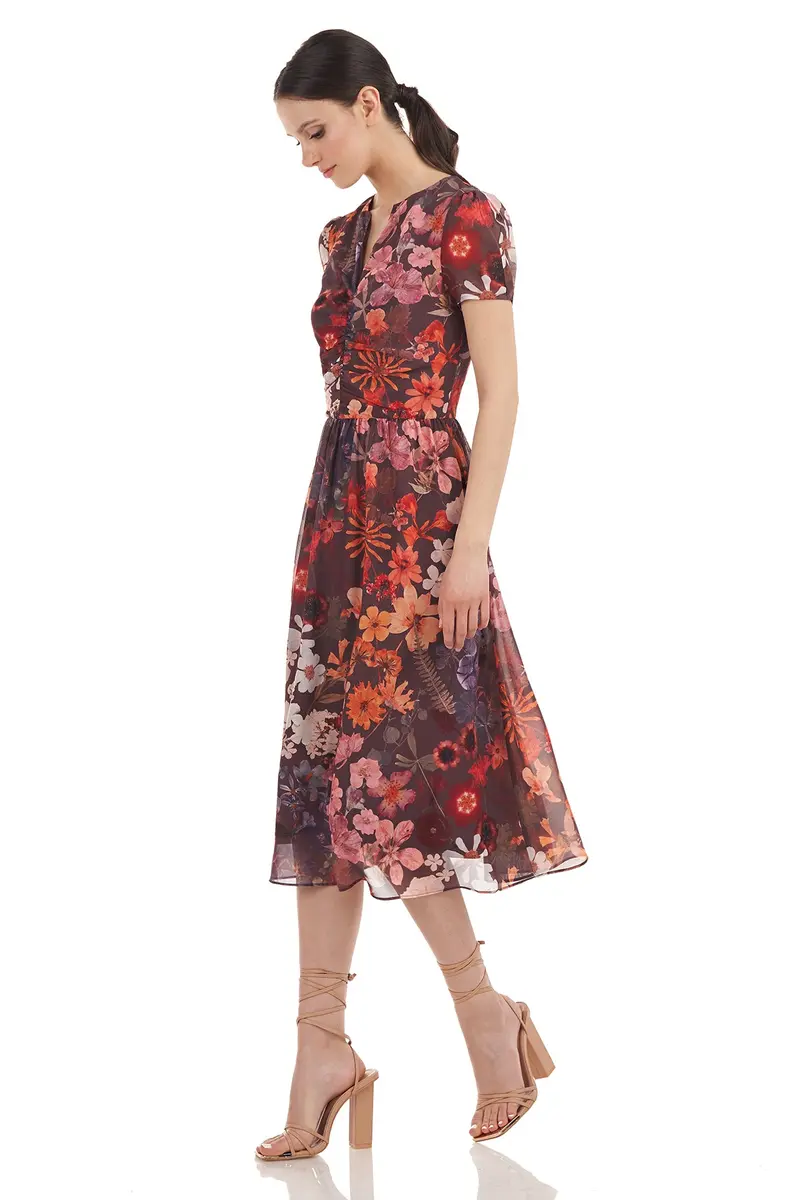 Floral Chiffon Midi Dress with Puff Sleeves