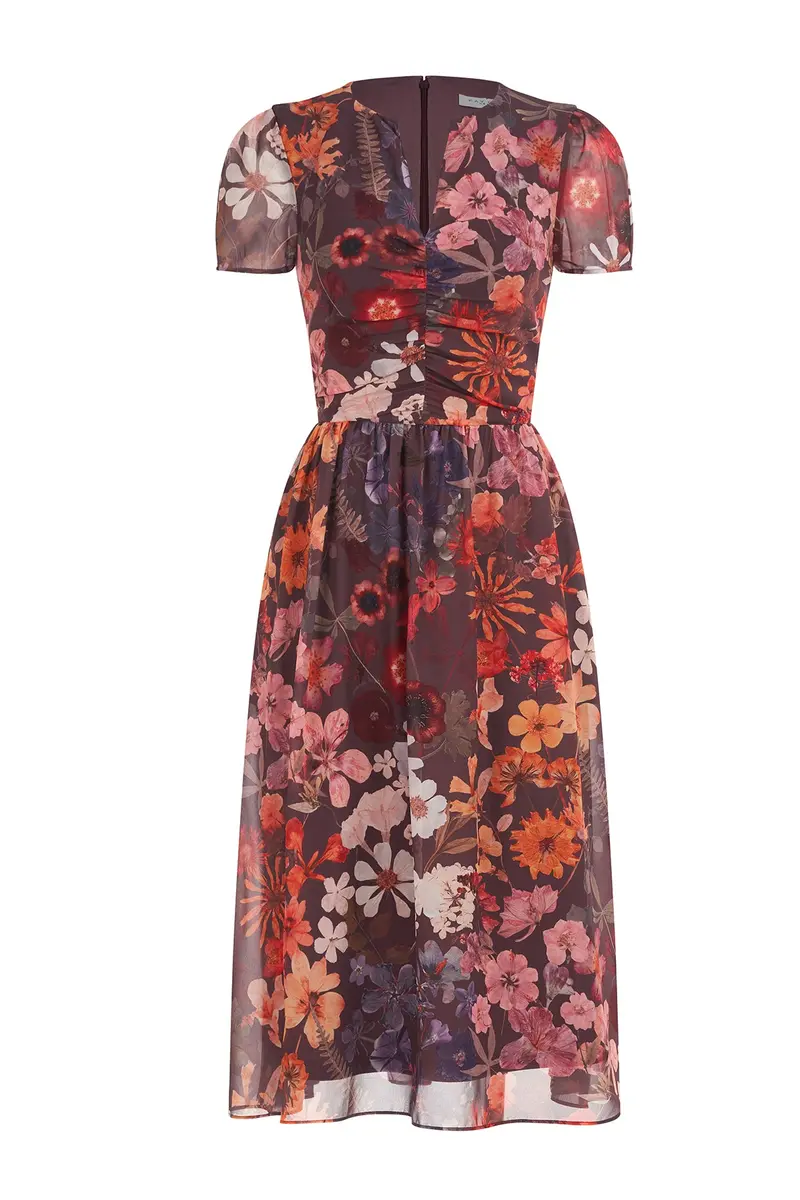 Floral Chiffon Midi Dress with Puff Sleeves