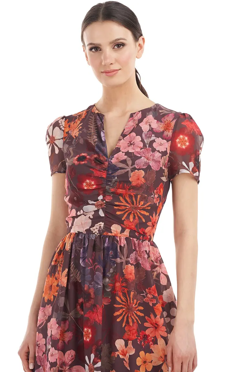 Floral Chiffon Midi Dress with Puff Sleeves