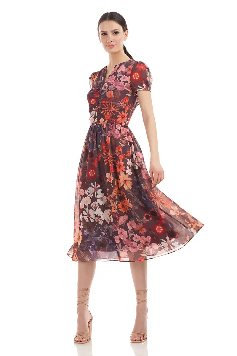 Floral Chiffon Midi Dress with Puff Sleeves