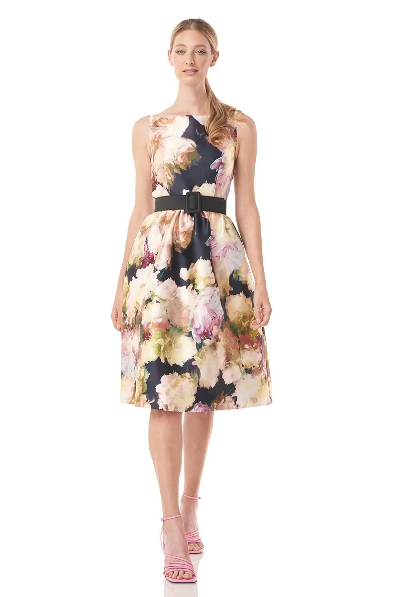 Floral Mikado Cora Midi Dress with Square Neck and Detachable Belt