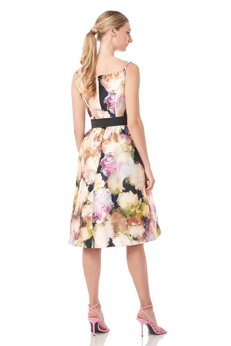 Floral Mikado Cora Midi Dress with Square Neck and Detachable Belt