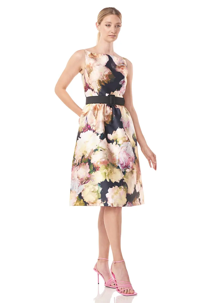 Floral Mikado Cora Midi Dress with Square Neck and Detachable Belt