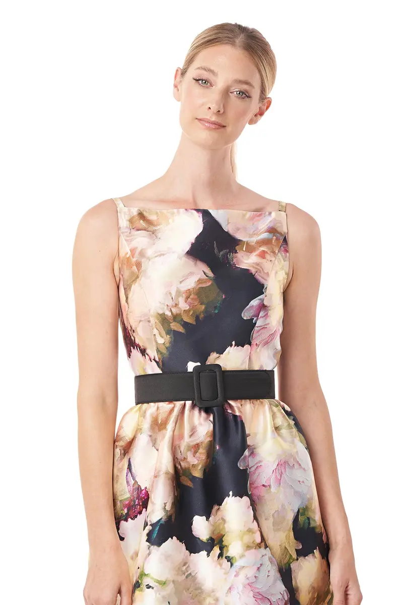 Floral Mikado Cora Midi Dress with Square Neck and Detachable Belt