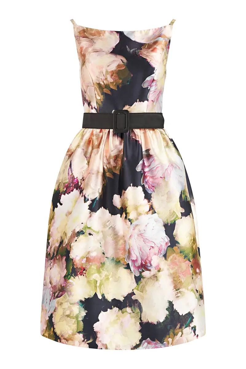Floral Mikado Cora Midi Dress with Square Neck and Detachable Belt