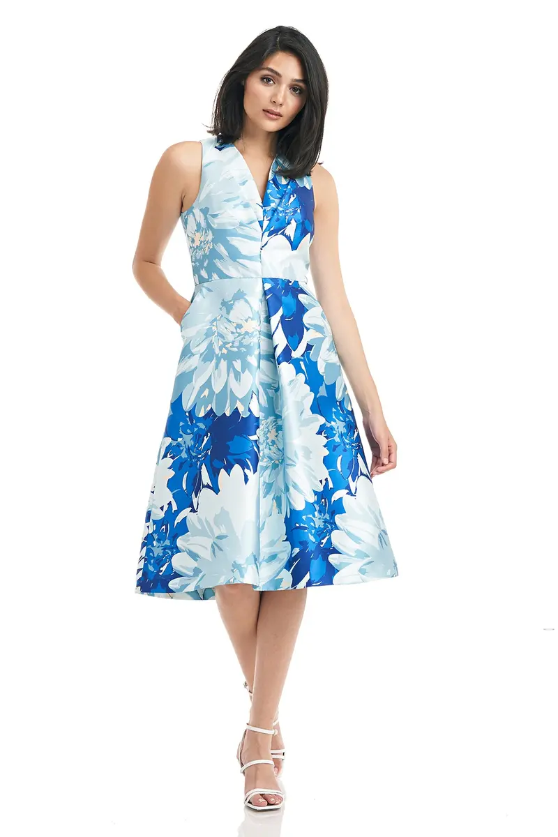 Floral Print V-Neck Pleated Midi Dress