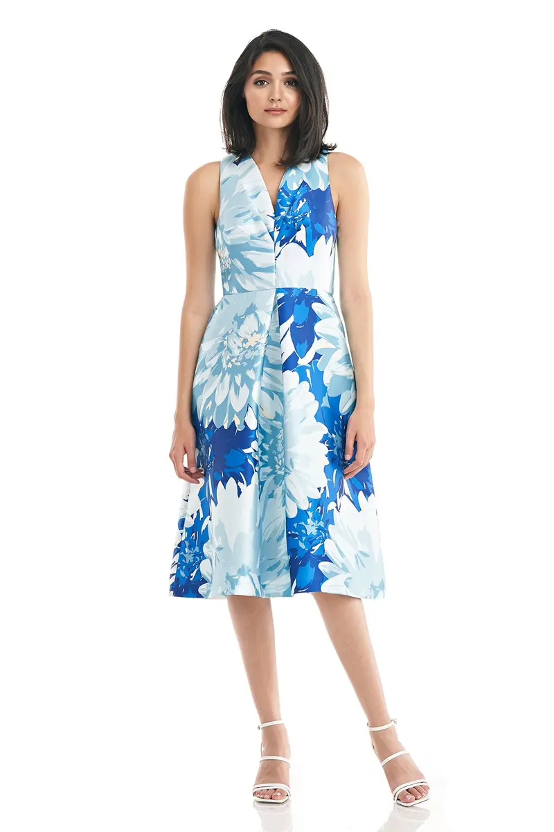 Floral Print V-Neck Pleated Midi Dress
