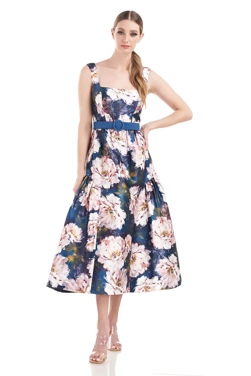 French Rose Mikado Tea-Length Dress with Shirred Waist