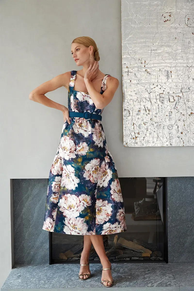 French Rose Mikado Tea-Length Dress with Shirred Waist