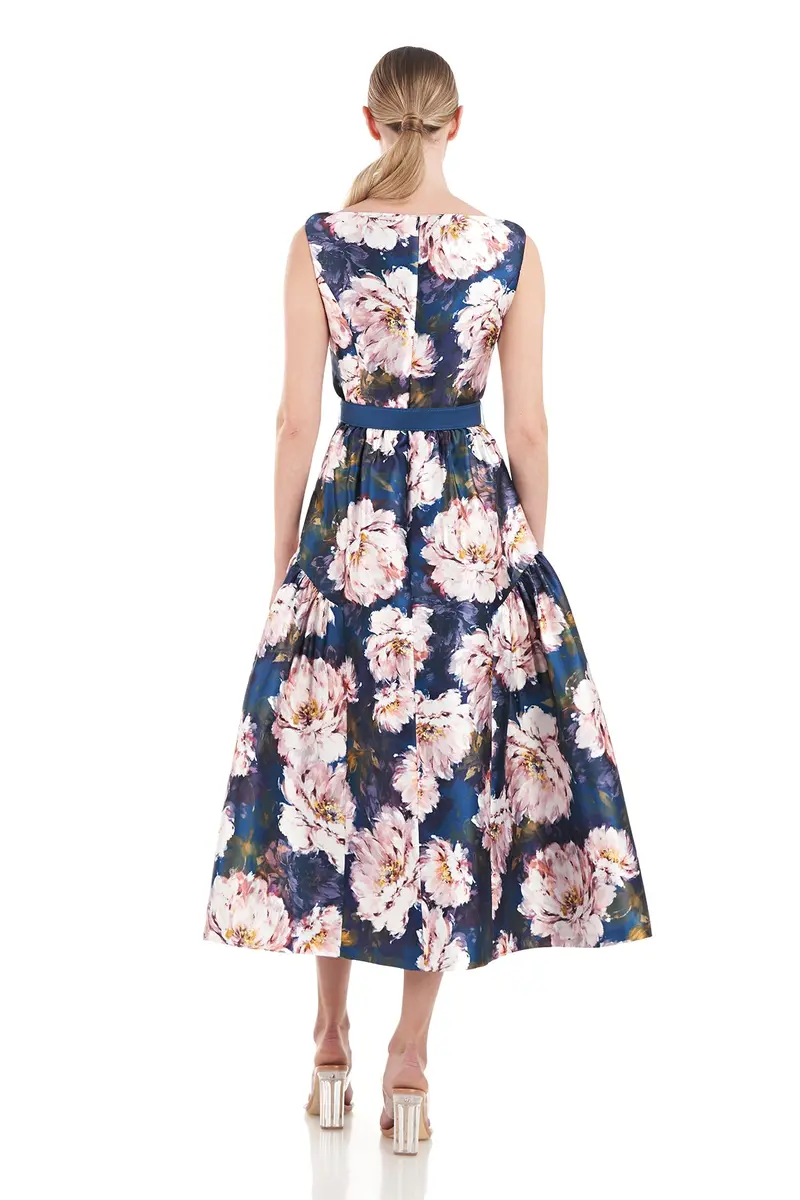 French Rose Mikado Tea-Length Dress with Shirred Waist