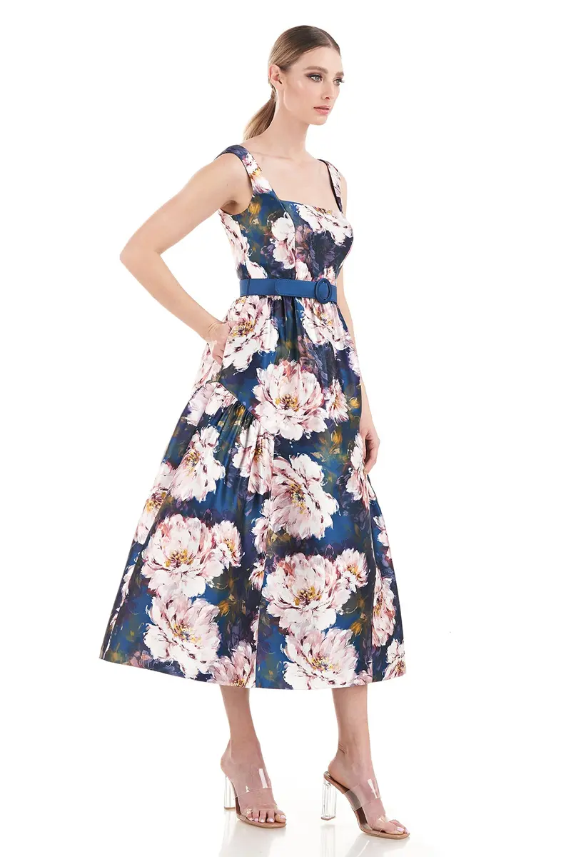 French Rose Mikado Tea-Length Dress with Shirred Waist