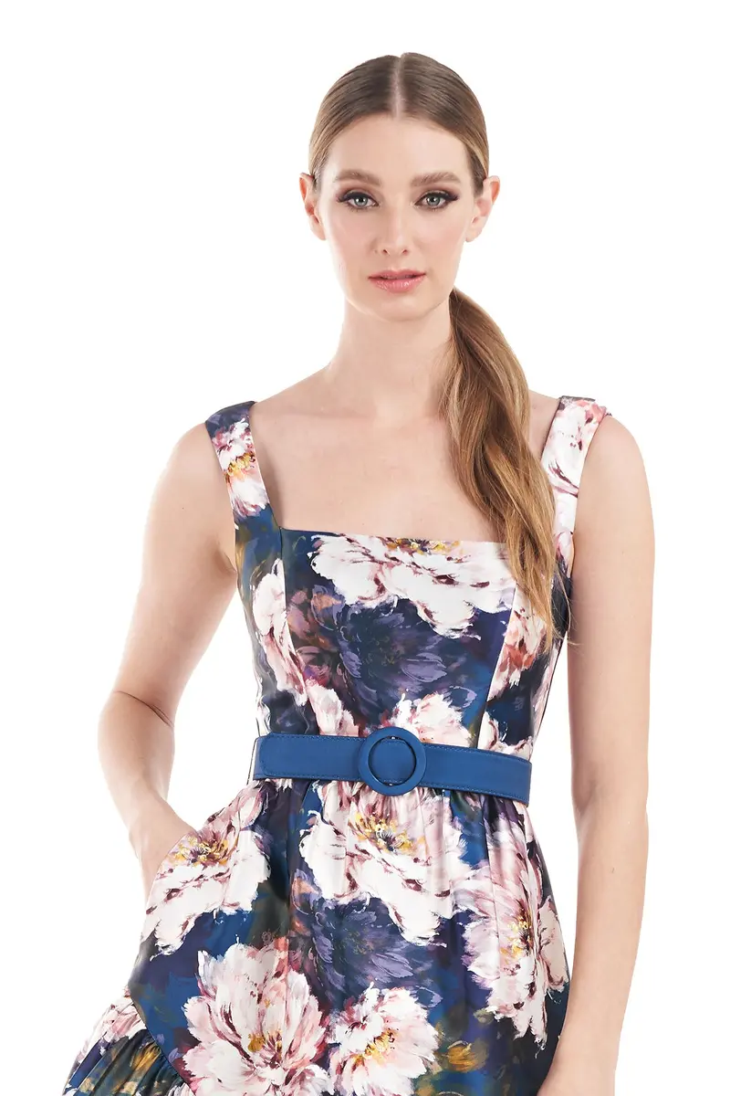 French Rose Mikado Tea-Length Dress with Shirred Waist