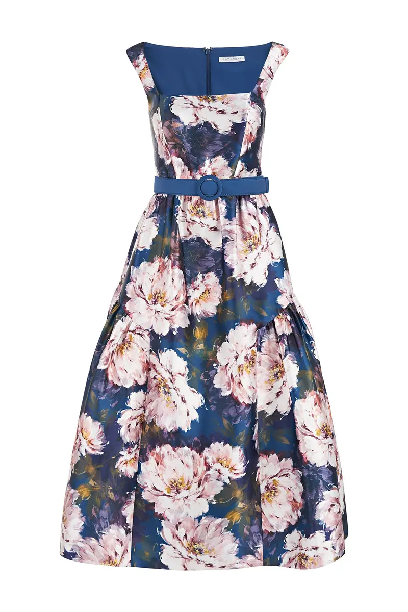 French Rose Mikado Tea-Length Dress with Shirred Waist