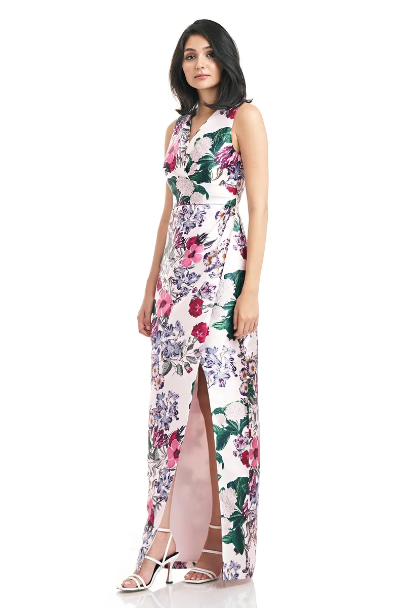 Gilda Spring Floral Wrap Gown with Side Slit