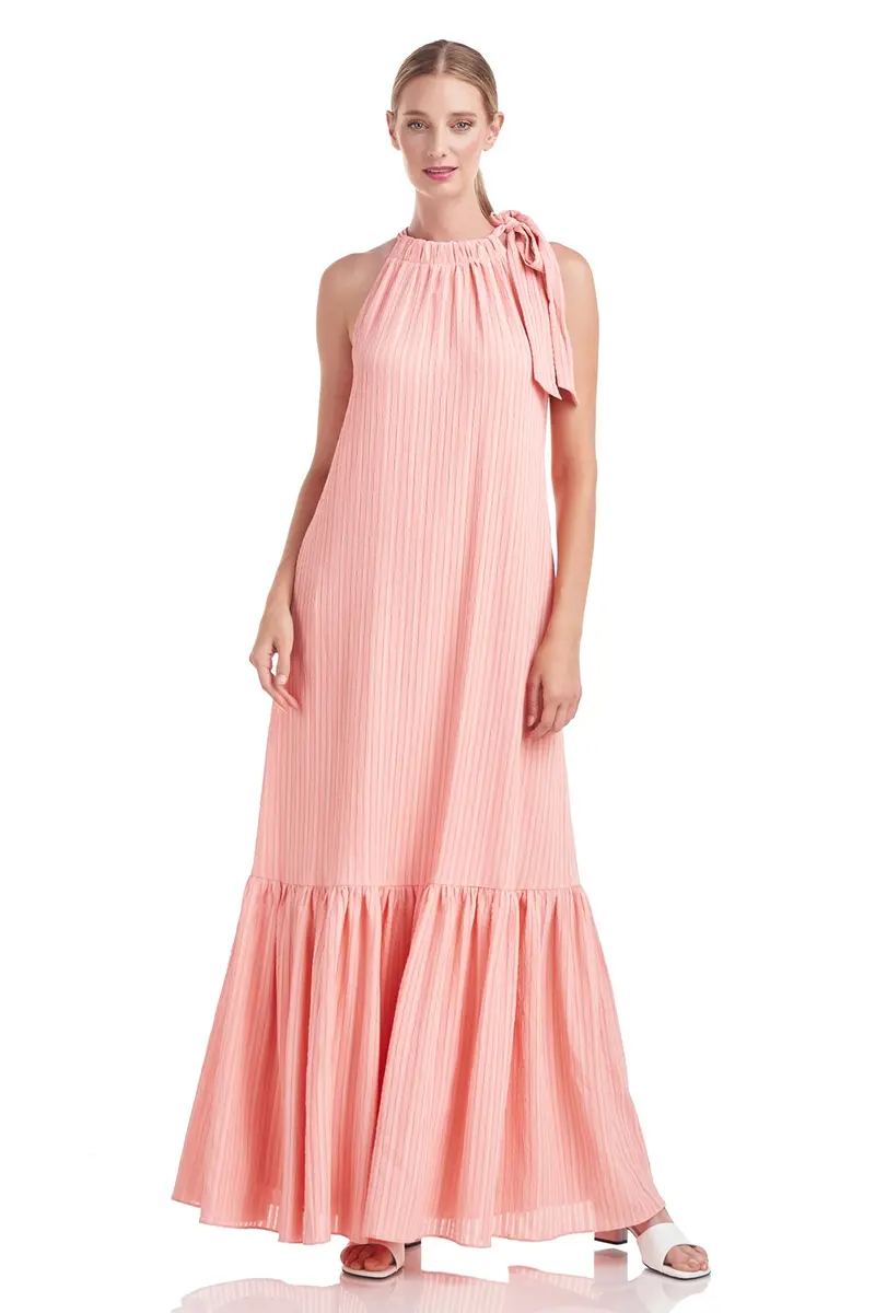 Halter Maxi Dress in Textured Seersucker with Tiered Hem