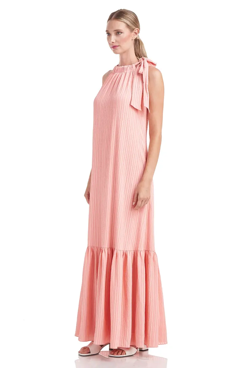 Halter Maxi Dress in Textured Seersucker with Tiered Hem