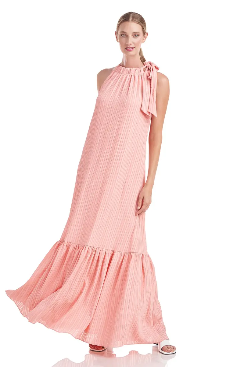 Halter Maxi Dress in Textured Seersucker with Tiered Hem