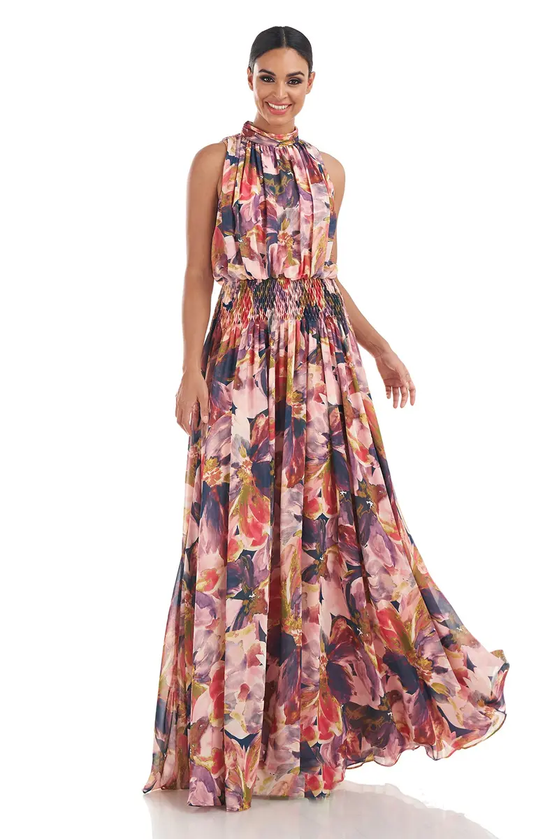 Halter Mock Neck Diamond-Smocked Chiffon Gown