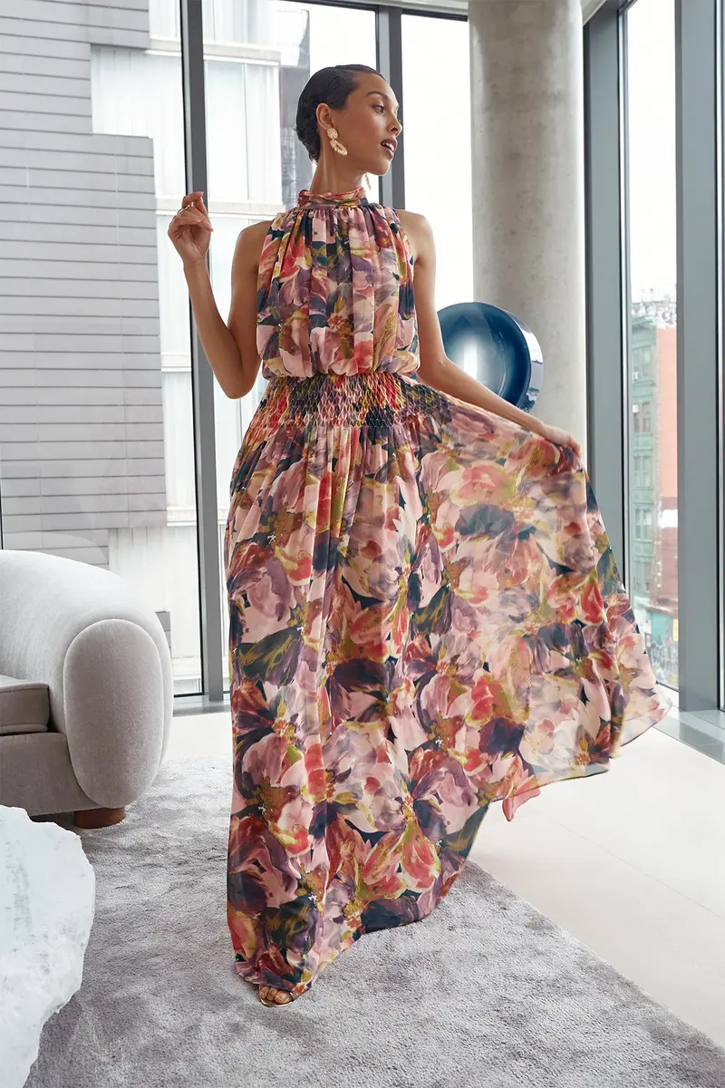 Halter Mock Neck Diamond-Smocked Chiffon Gown