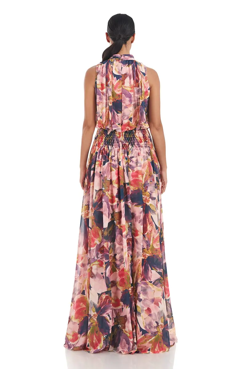 Halter Mock Neck Diamond-Smocked Chiffon Gown