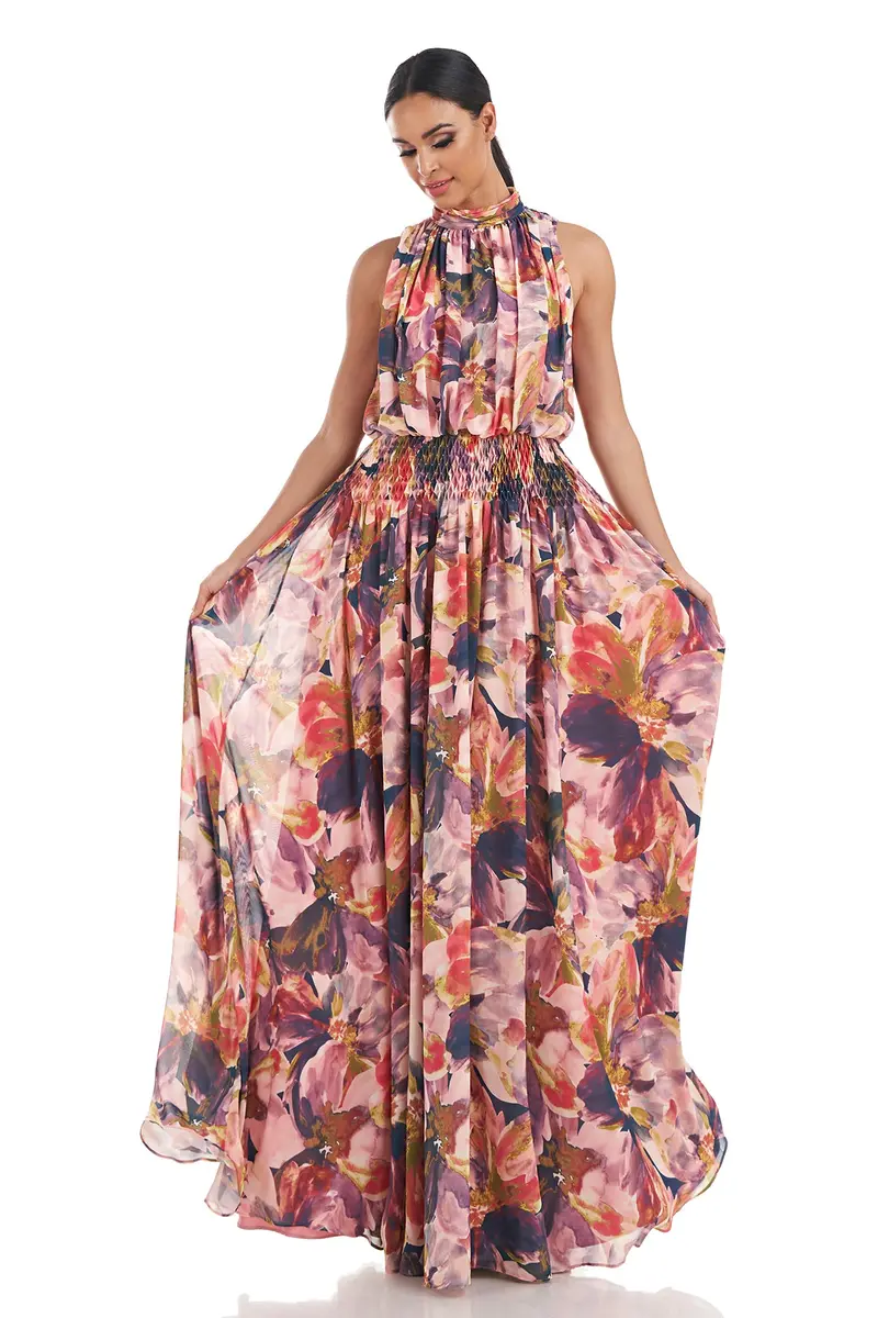 Halter Mock Neck Diamond-Smocked Chiffon Gown
