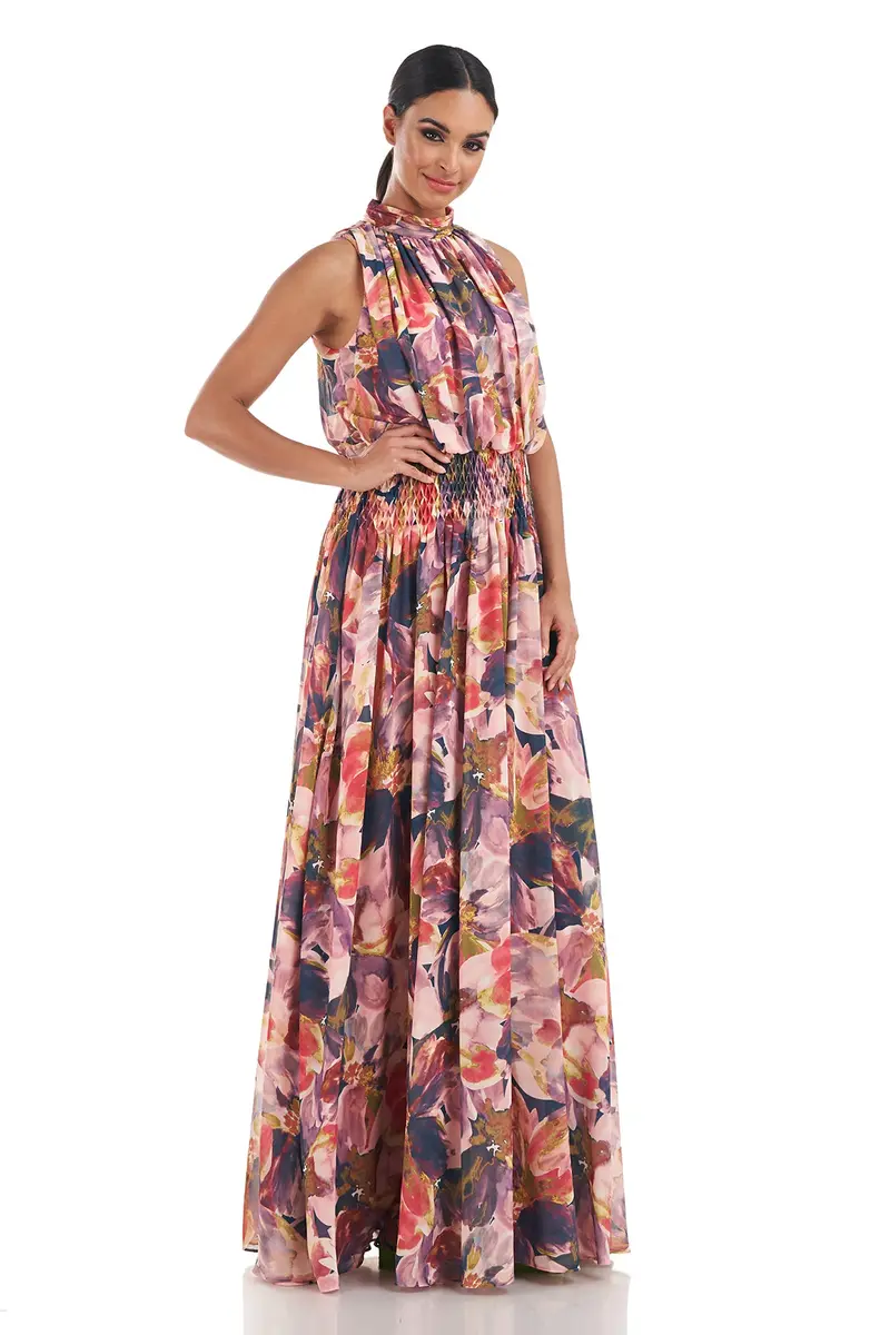 Halter Mock Neck Diamond-Smocked Chiffon Gown