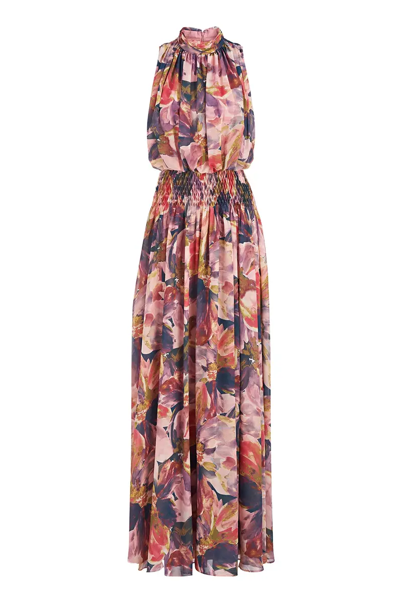 Halter Mock Neck Diamond-Smocked Chiffon Gown