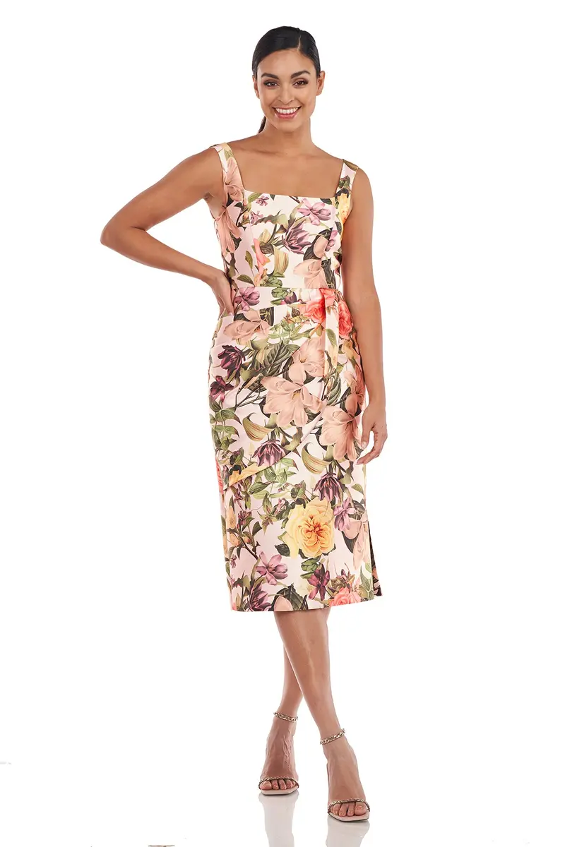 Hyacinth Botanical Rose Print Square-Neck Sheath Midi Dress