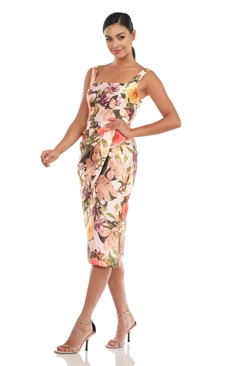 Hyacinth Botanical Rose Print Square-Neck Sheath Midi Dress