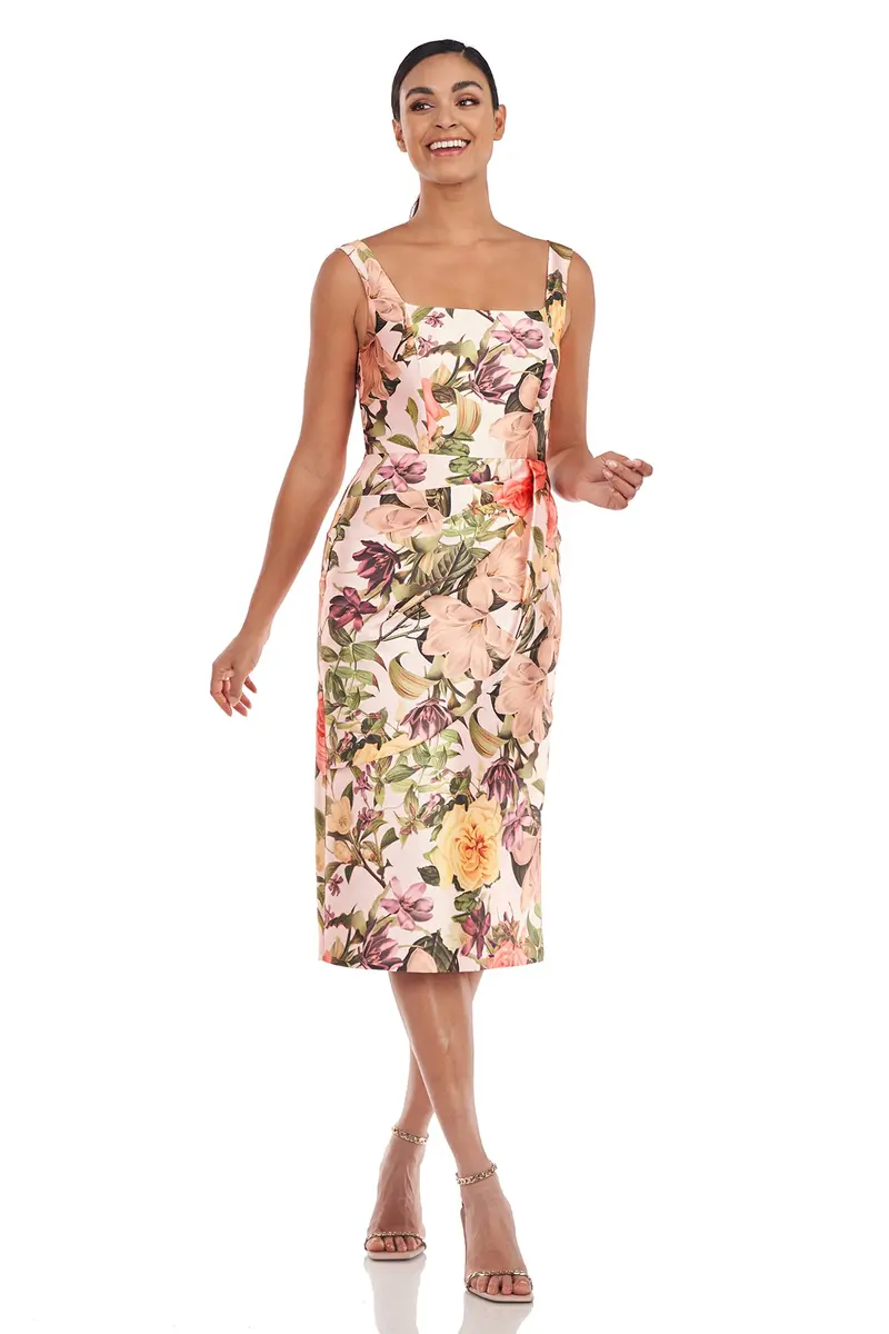 Hyacinth Botanical Rose Print Square-Neck Sheath Midi Dress
