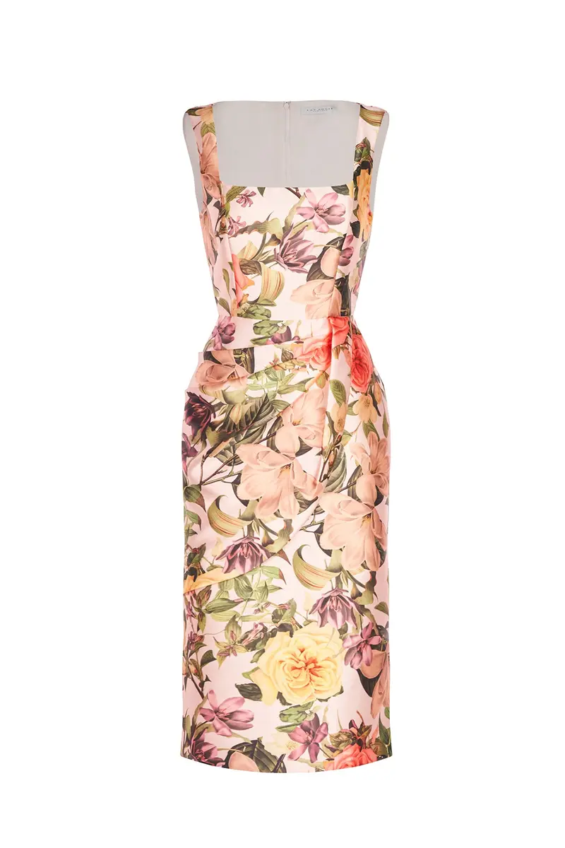 Hyacinth Botanical Rose Print Square-Neck Sheath Midi Dress