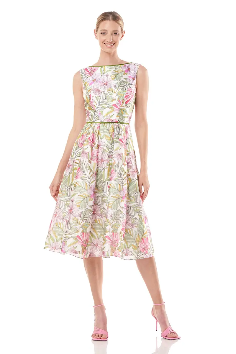 Jackie Floral Organza Midi Dress with Piping Detail