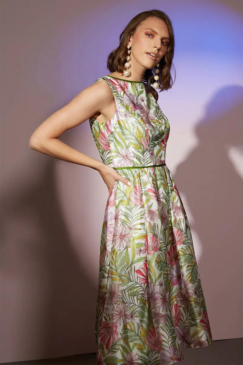 Jackie Floral Organza Midi Dress with Piping Detail