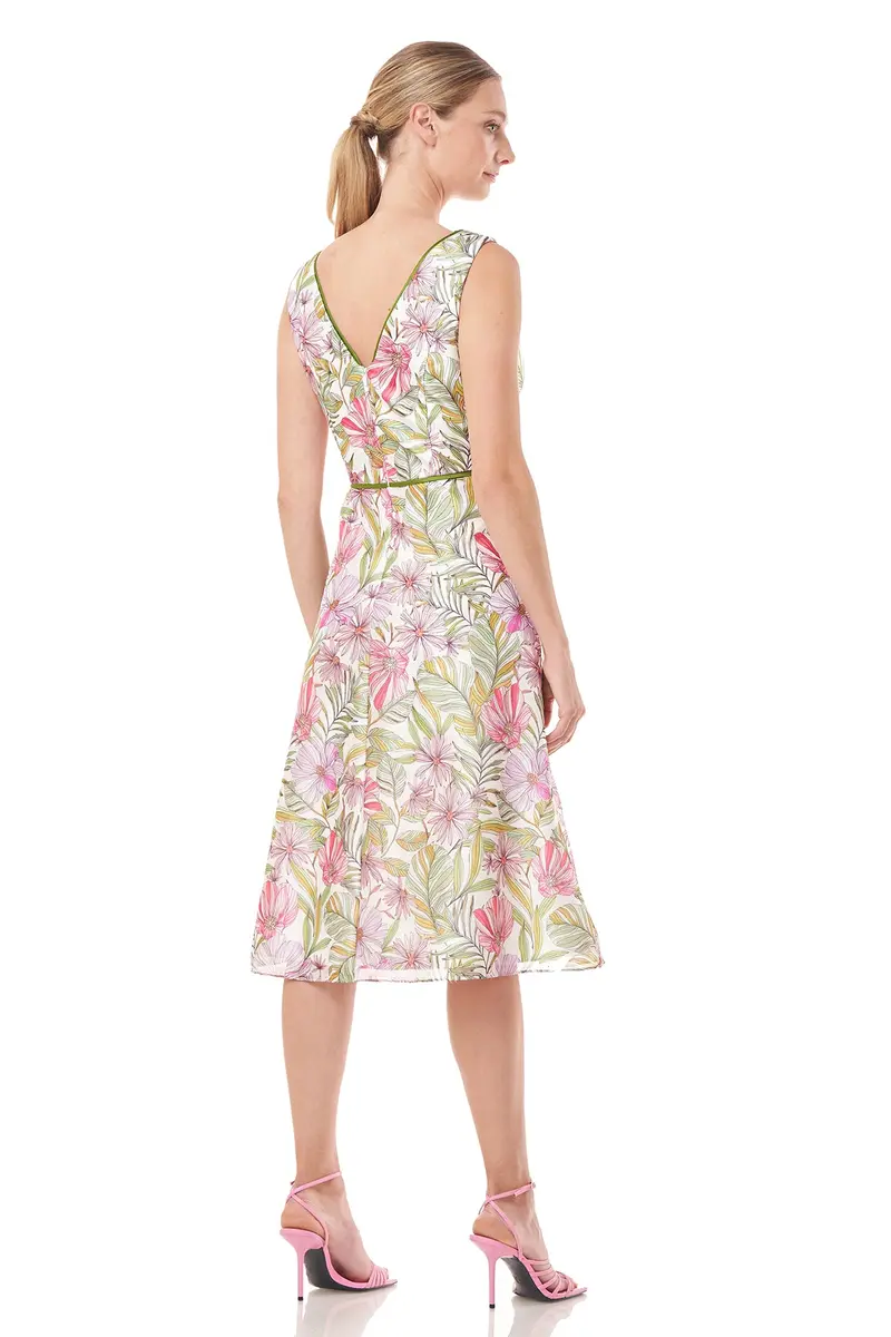 Jackie Floral Organza Midi Dress with Piping Detail