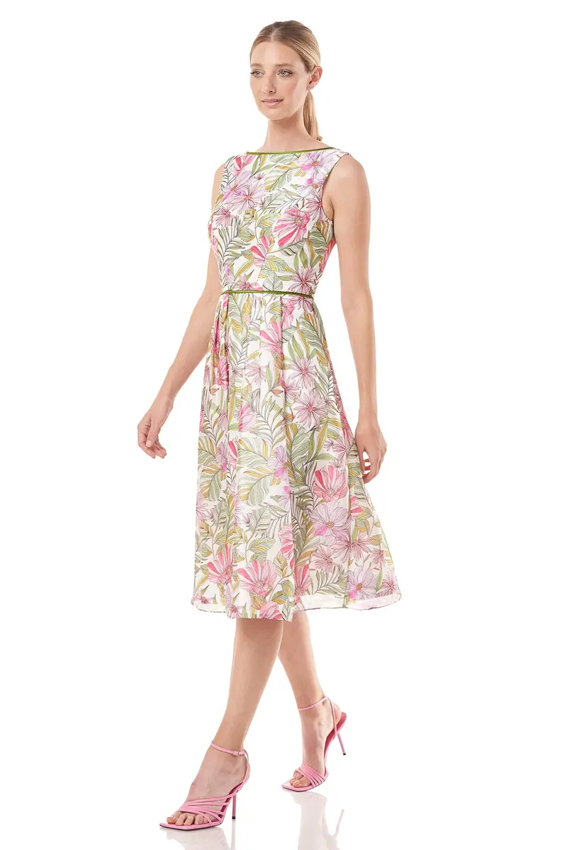 Jackie Floral Organza Midi Dress with Piping Detail